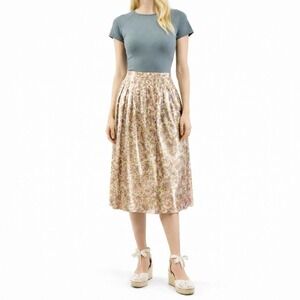 80s Vintage Pleated Midi Skirt Set Satin Floral Boho Crop Top Womens S Gray Blue